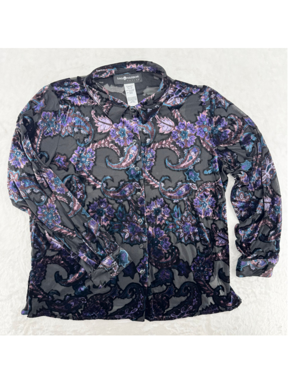 Sheer Burnout Velvet Top Black with Paisley Floral Long Sleeve Boho Whimsigoth